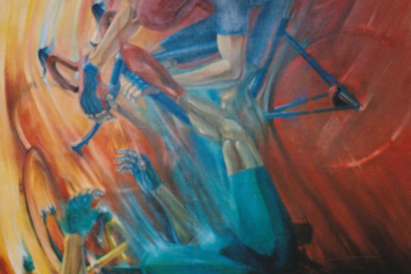 Peinture à l'huile représentant une chute de peloton de cyclistes
