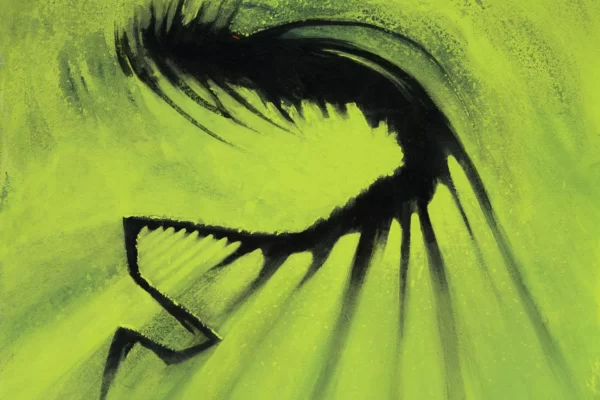 Tableau d'un dragon noir aux yeux rouges sur fond vert vu en contreplongée