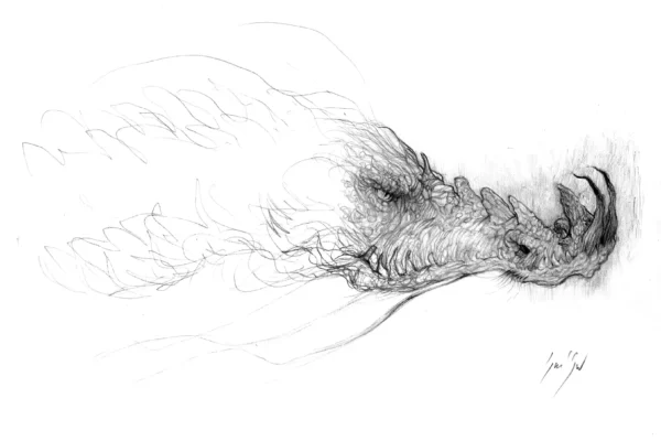 Dessin au crayon noir d'une tête de dragon